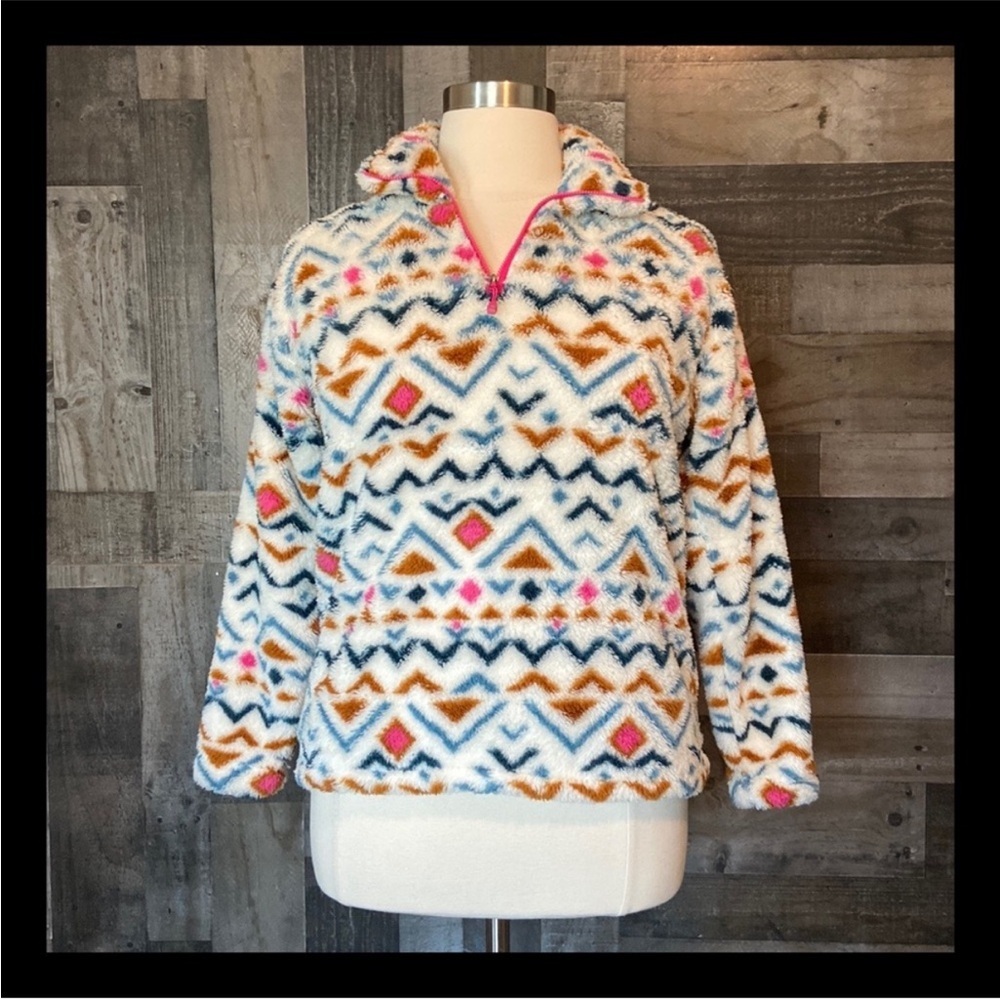 Eddie Bauer teddy bear half zip sweater large angelic rainbow outdoor sports